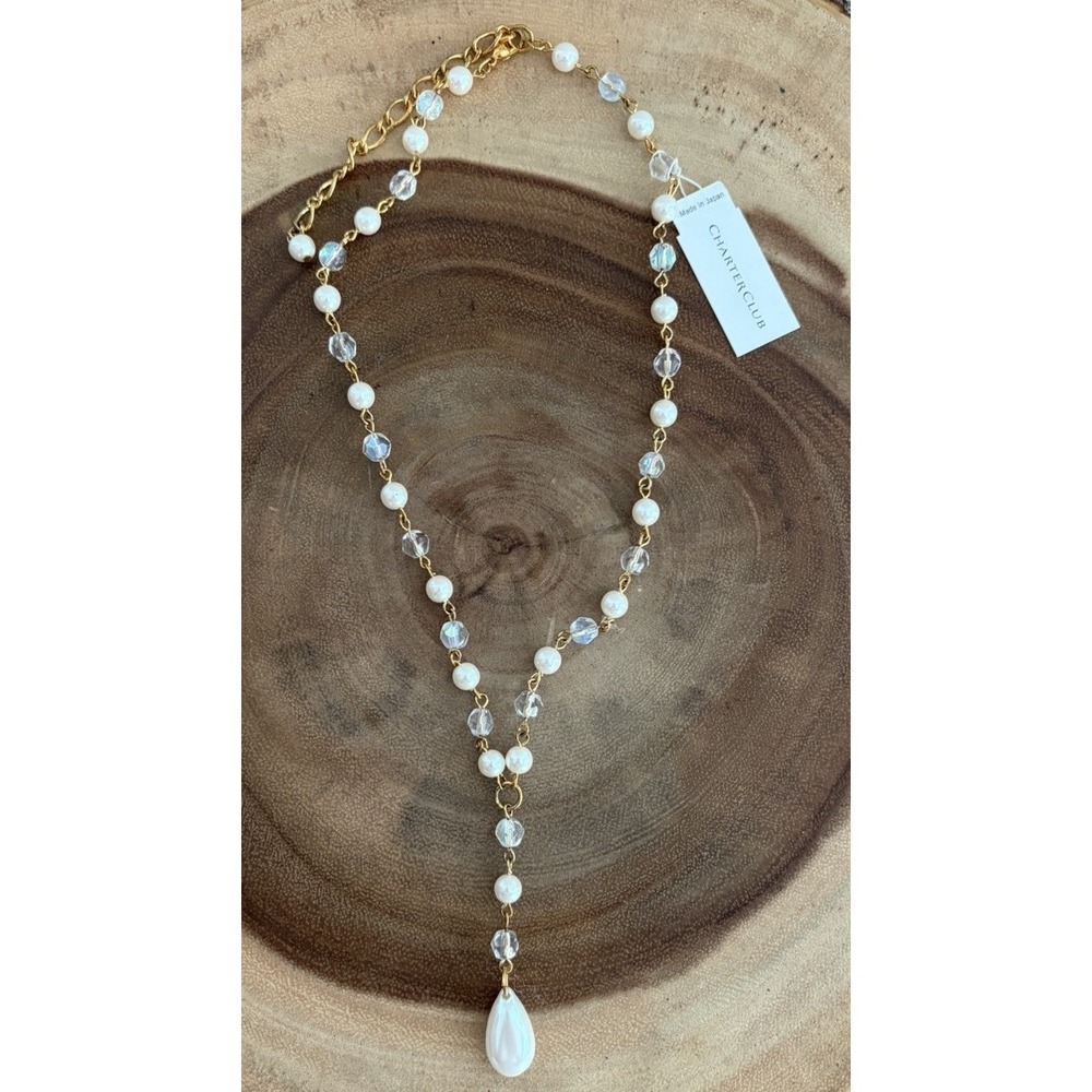 NEW Y Necklace Faux Pearls & Rhinestone Beaded Gold Tone Y2K Feminine Dainty